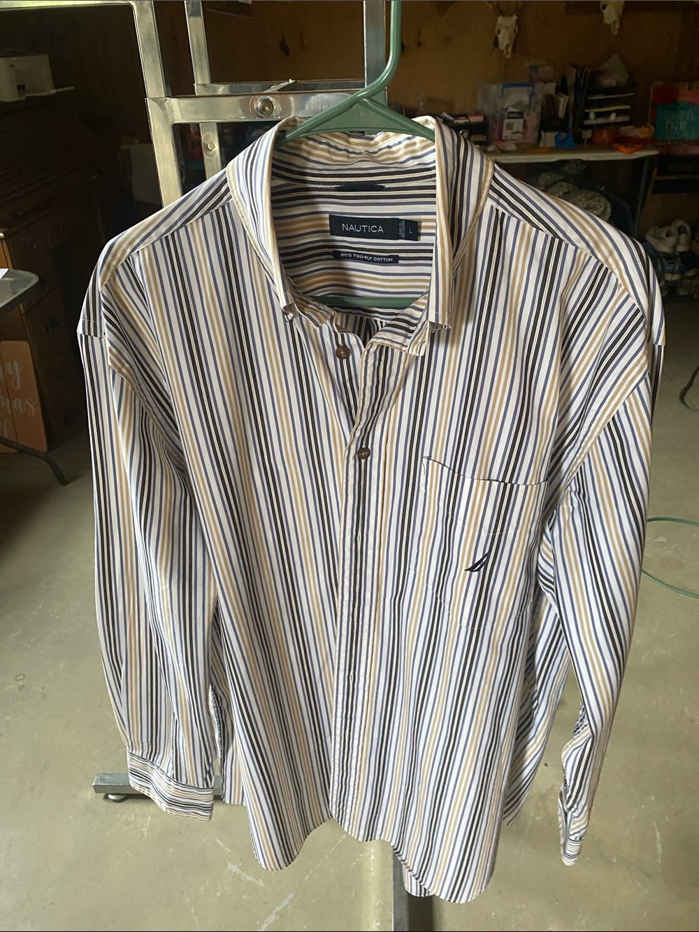 Nautica Men’s Long-Sleeve Striped Button-Up Shirt - White, Brown and Tan
